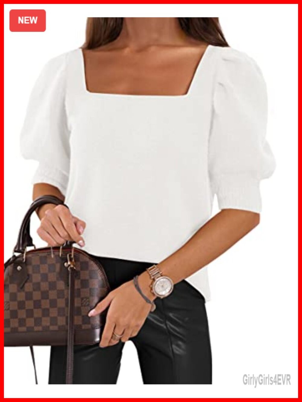 Womens Puff Short Sleeve Sweater Square Neck Casual Knit Pullover